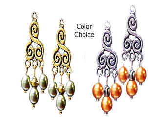 Earrings, Vintage style gold or silver chandelier and pearl, choose your color, clip on or pierced
