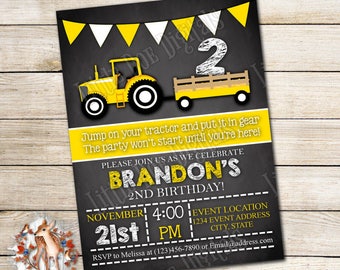 Personalized Tractor Birthday Party Invitation - Digital File or Printed Copies - Printable - Invitation - Invite 5x7 or 4x6 - Yellow White