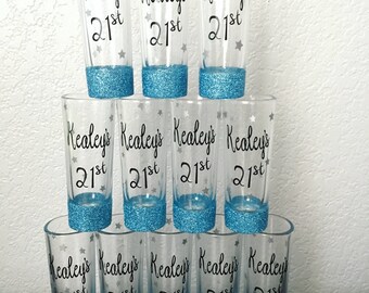 Personalized Shot Glasses, Adult Birthday, Finally 21, Shot Glasses, Glitter Shot Glasses, Shot Glass, Birthday Shot Glass