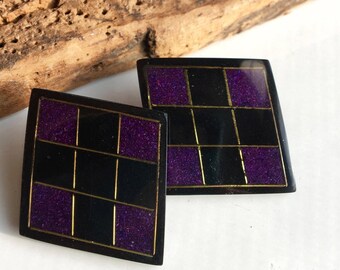Vintage Checkered Purple and Black Earrings, Harlequin Shaped, Diamond Shaped, 80's Earrings, Big Earrings, New Old Stock
