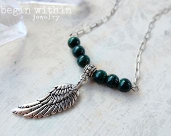 Archangel Raphael Necklace / Angel Wing Necklace / Silver Malachite Angel Necklace / Angel Wing Jewelry