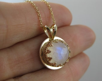 gold moonstone pendant, gold necklace, rainbow moonstone gemstone necklace, 14k gold pendant, recycled gold necklace