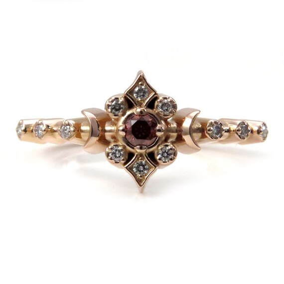 Irradiated Peach and White Diamond Tiny Moon Engagement Ring Boho Fine Jewelry