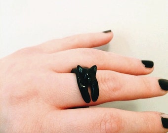 Anello gatto nero sveglio, dichiarazione anello, gatto gioielli, anello animale, gioielli di gatto, gatti regalo, regali di Pasqua, anello personalizzato, ooak gioielli