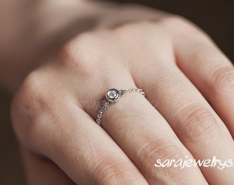 14K Diamond chain ring, Solitaire diamond chain ring, Bezel diamond ring, Engagement diamond ring/1 diamond weight 0.05carat