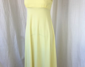 Lemon Yellow Maxi Dress, late 1970's early 80's/ Size S/ Romantic Boho Hippie Flower Power Dress Negligee Eyelet Trim Sleeveless Summer