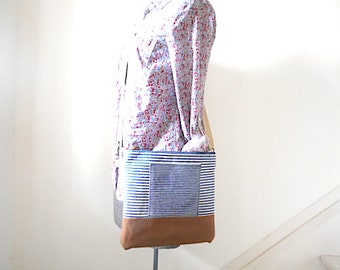 Vtg selvedge indigo stripe denim, canvas crossbody, iPad bag - eco vintage fabrics