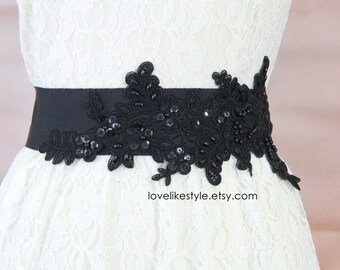 Black Pearl Beaded Lace Sash, Bridal Sash, Bridesmaid Sash, Black Wide Lace Sash / SH-66