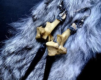 Real Animal Bone Earrings with Black Metal Spikes - Animal Bone Jewelry