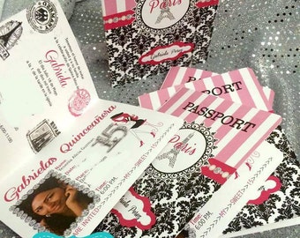 Quinceanera Paris Passport Invitations, Sweet Fifteen Invites Set of 30