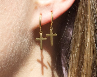 Small gold hoops - tiny gold hoop earrings - small hoop earrings - tiny charm hoops - cross hoops - charm hoops - cross earrings - P3HU0212