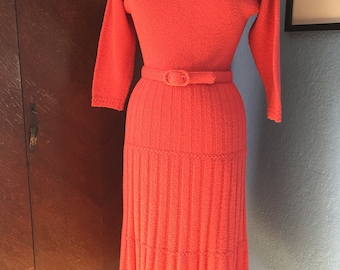 1940s 1950s Coral Pink Wool Boucle "Lass o'Scotland" Sweater Dress with Belt