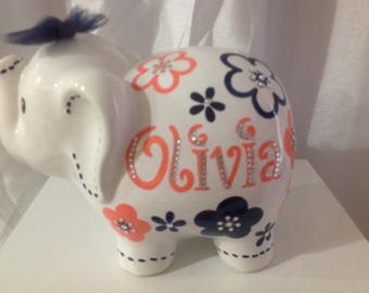 Personalized Handpainted Large Navy/Coral Flower elephant Piggy Bank Newborns , Birthday,Girls,Flower Girl,Baby Shower Gift Centerpiece