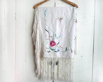Antique piano shawl - 1920s embroidered silk shawl - vintage Chinese silk shawl - hand knotted tassel embroidered silk shawl