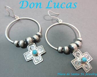 DON LUCAS~Sleeping Beauty Turquoise Cross Charm~Navajo Pearl~Hoop 925 Earrings