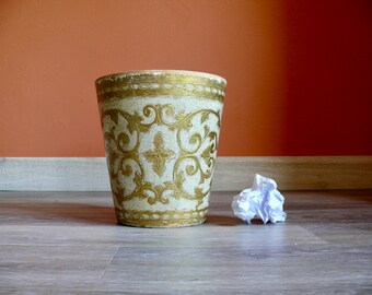 Florentine Gold White Wood Trash Can, Round Florentine Tole Wood Waste Paper Basket, Handcrafted in Firenze Italy, Vintage Office Home Decor