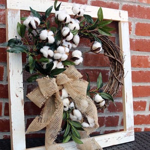 Farmhouse decor, cotton wreath, rustic country, Reclaimed wood frame, Vintage Farmhouse cotton wreath, Rustic Recycled decor, Rustic frame