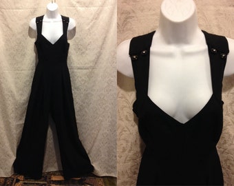 1970s 80s Black Disco Bell Bottom Tank Jumpsuit Sz Med-Lg