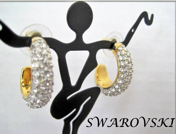 Swarovski Earrings, Vintage Crystal Stones, Gold Tone Hoops, Pierced Dangle Hoops - Swan Logo