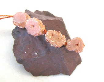 Sparkly Druzy Slice Agate Tab Stone Rust Peach Coated Rustic Crusty Rough Organic Earthy Bead - set of four