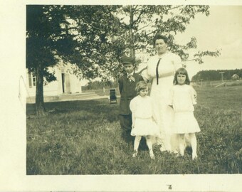 Antique RPPC Farm Family in Best Clothes Mother Son Girls Dress 1910s Antique Vintage Photograph Black White Photo