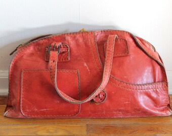 60s Retro Red Leather Boho Hippie Large Bag Purse