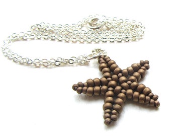 Beaded Starfish Pendant Matte Metallic Bronze Seed Beads Herringbone Stitch