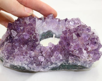 Large Amethyst Geode Candle Holder (880 grams, Brazil) Raw Natural Crystals Specimen #AMQ81