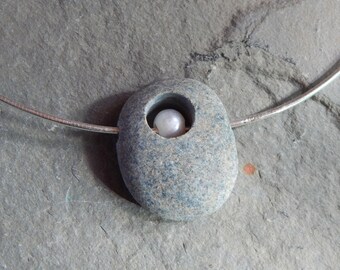 Drilled Beach Stone Necklace with Freshwater Pearl and Sterling Silver Cable Chain; pebble necklace, rock necklace, stone and pearl necklace