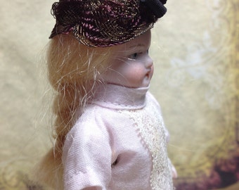 Miniature dollhouse hat mini doll tiny hat 1 inch 12 scale vintage antique old fashion gold purple black French metal Downton elegant women