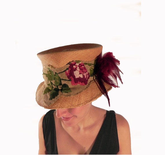 Panama straw hat made of vintage canvas needlepoint embroidery