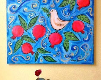 Pomegranate Art, Peace Dove, Pomegranate Tree, Original Acrylic Painting, Painting on Canvas, 16X20 inch, Shalom Artwork, Pomegranate Decor