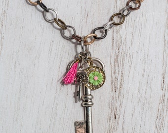 Multicolor Metallic Key Necklace