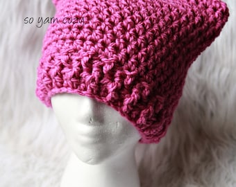 Sale- Womens or teen pink cat hat, kitty cat ear hat, kitty ear hat, cat beanie, soft acrylic yarn. Custom colors available.