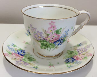Vintage Royal Stafford Purple Pink Blue Bouquet Tea Cup and Saucer Bone China