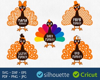 Turkey svg files download Thanksgiving clipart for Silhouette dxf eps pdf png cuttables Family Shirt designs Mama Brother Sister Papa Cricut