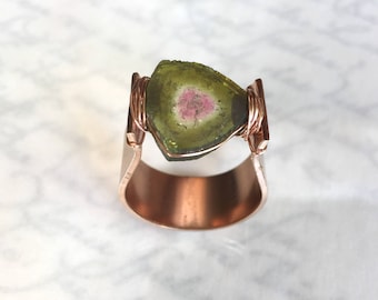 Watermelon Tourmaline Ring, Tourmaline Slice Ring - Rose Gold Filled