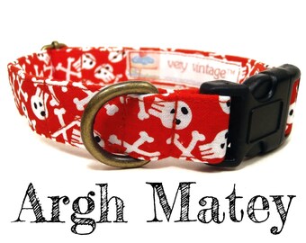 Skull Dog Collar - Pirate Dog Collar - Boy Dog Collar - Antique Metal Hardware - "Argh Matey"