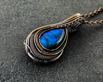 handmade necklace, gypsy jewellery, blue pendant, wire wrap jewelry, magic jewelry, healing necklace