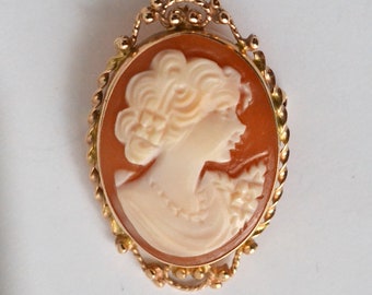 Gold cameo, 14kt cameo pin and pendant, cameo portrait brooch
