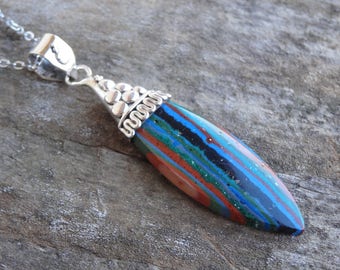 Natural Rainbow Calsilica Sterling Silver Pendant Necklace - 18" Sterling silver Chain - Natural Stone Necklace - Rainbow Calsilica Pendant