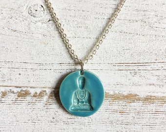 Ceramic Buddha Pendant, Caribbean Blue, Zen, Gift for Her, Gift Ideas, Buddha Jewelry, Ceramics, Ceramic Jewelry