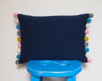 Navy Pom Pom Cushion Made With 100% Soft Lambswool