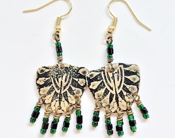 Etched Brass Earrings, Art Deco Earrings Green Beads - Free Domestic Shipping