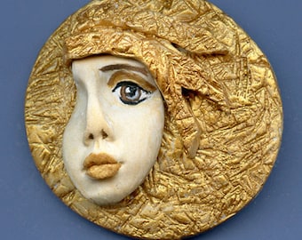Golden face cab OOAK Polymer clay Detailed layered hat GANM 2
