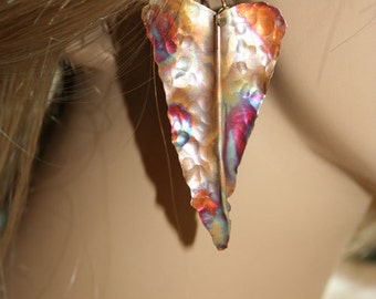 Copper Leaves earrings-Hand forged- Iridescent heart shape -rainbow color