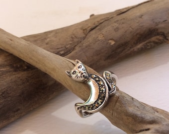 Vintage Art Nouveau Cat Sterling Silver Ring with Marcasites Size 7
