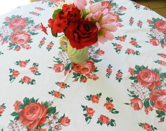 Rose Tablecloth, Red Rose Tablecloth, Vintage Cottage Tablecloth, Retro Tablecloth, Floral Tablecloth