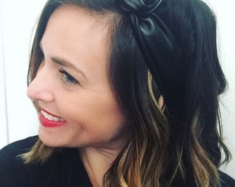 Black Leather Headband, Black Headband, Leather Headband, Top Knot Headband, Boho Turban Headband, Head Wrap, Wire Headband, Bun Wrap
