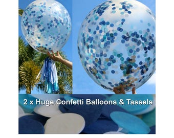 2 x Blue Confetti Balloons with Tassels 90cm / 36" - Boys Baby Shower Decorations / Boys First Birthday Party / Christening / New Baby Boy